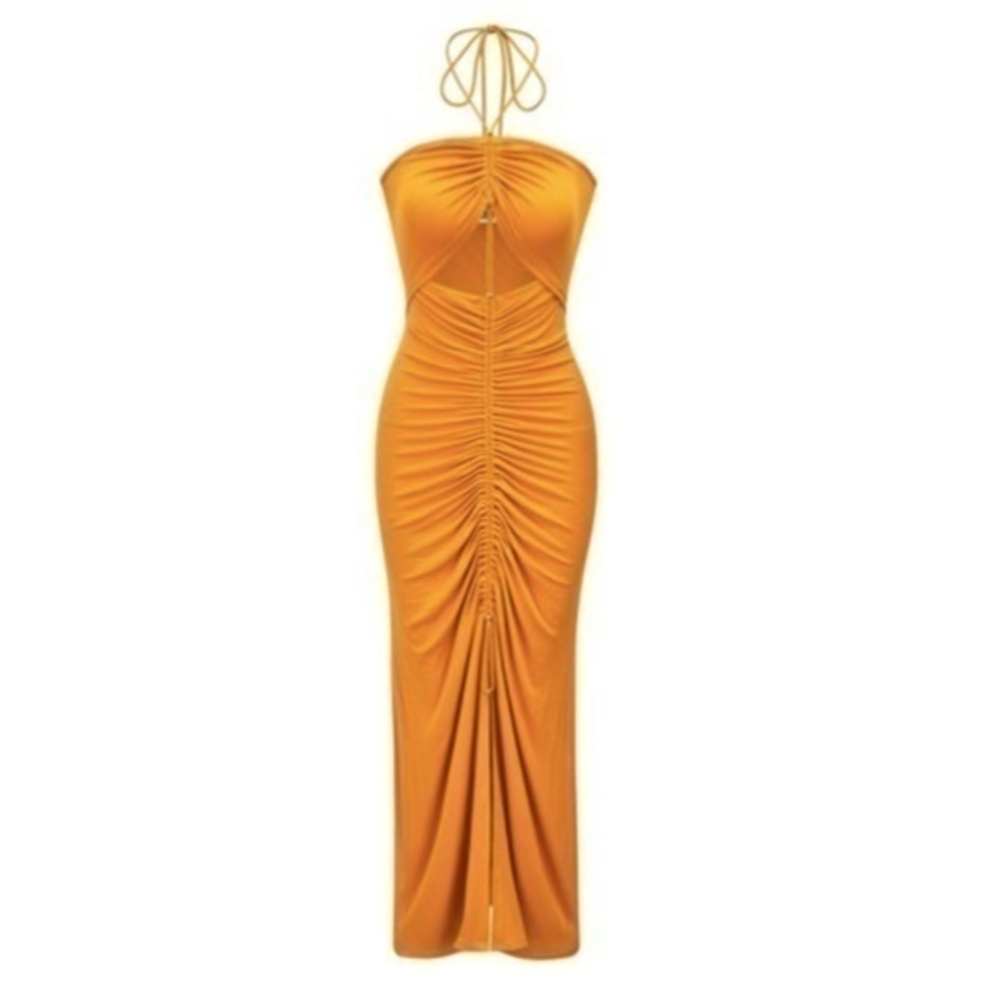 AmyLynn Mustard Yellow Orange Halter Knit Sexy Cut Out Vega Dress